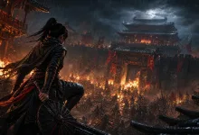 A female assassin with a circular umbrella-like weapon overlooks a burning palace siege in a rain-soaked Chinese-style fortress.