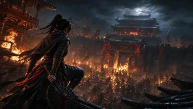 A female assassin with a circular umbrella-like weapon overlooks a burning palace siege in a rain-soaked Chinese-style fortress.