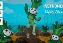 Astroneer characters wearing leek-themed outfits in a field, with outfit items shown at left.