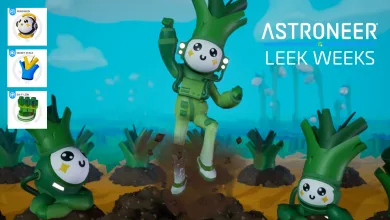 Astroneer characters wearing leek-themed outfits in a field, with outfit items shown at left.