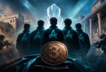 Five esports players in dark jackets stand behind a bronze medal marked 3, with tactical soldiers at either side.