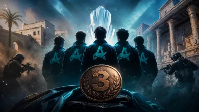 Five esports players in dark jackets stand behind a bronze medal marked 3, with tactical soldiers at either side.