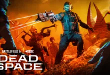 A blue-armored figure from Dead Space fires a weapon amid hostile figures against an orange battlefield, with Battlefield 6 and Dead Space logos.