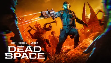 A blue-armored figure from Dead Space fires a weapon amid hostile figures against an orange battlefield, with Battlefield 6 and Dead Space logos.