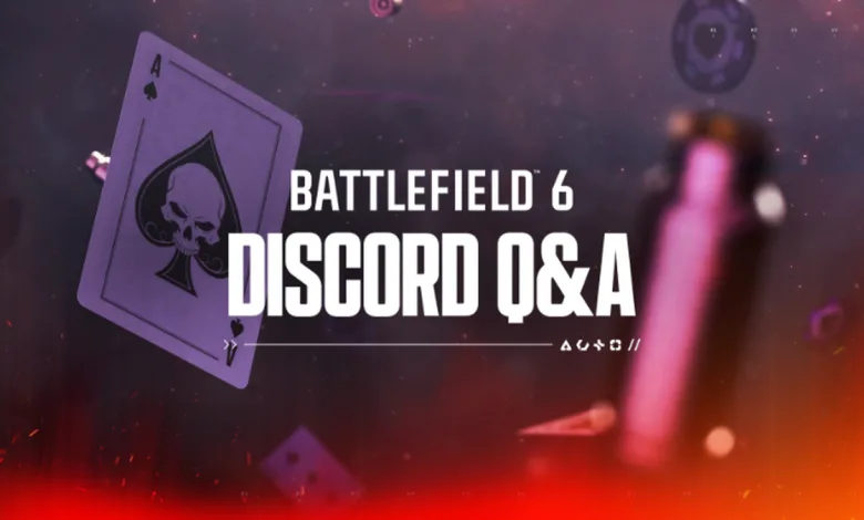 A tilted playing card on a purple and orange background beside the words Battlefield 6 Discord Q&A.