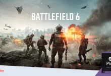 Battlefield 6 soldiers advance through a city battlefield beneath the game logo, with an EA Play Season 5 Pack graphic at the lower right.