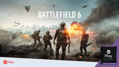 Battlefield 6 soldiers advance through a city battlefield beneath the game logo, with an EA Play Season 5 Pack graphic at the lower right.