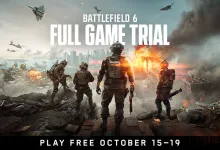 Battlefield 6 soldiers overlook a city battle, with aircraft overhead and the full-game trial dates October 15–19.