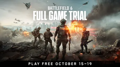 Battlefield 6 soldiers overlook a city battle, with aircraft overhead and the full-game trial dates October 15–19.
