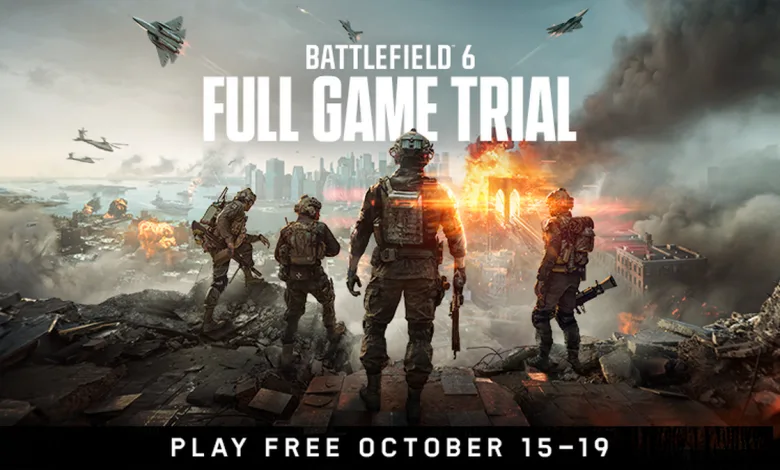 Battlefield 6 soldiers overlook a city battle, with aircraft overhead and the full-game trial dates October 15–19.