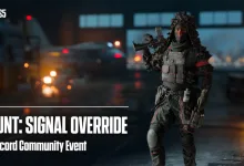 A masked Battlefield 6 soldier in dark gear holds a rifle beside the Hunt: Signal Override event title.