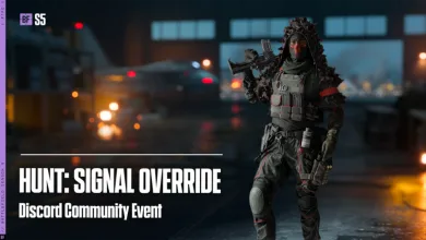 A masked Battlefield 6 soldier in dark gear holds a rifle beside the Hunt: Signal Override event title.
