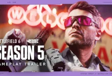 A character wearing reflective sunglasses appears against a neon-lit background in Battlefield 6 Season 5 trailer artwork.