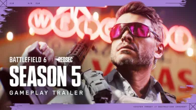 A character wearing reflective sunglasses appears against a neon-lit background in Battlefield 6 Season 5 trailer artwork.