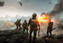A squad of soldiers overlooks a burning city as aircraft fly overhead.