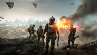 A squad of soldiers overlooks a burning city as aircraft fly overhead.