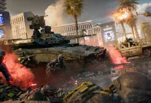Battlefield 6 soldiers fight around an armored vehicle as a helicopter explodes above a city street.