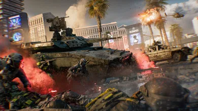 Battlefield 6 soldiers fight around an armored vehicle as a helicopter explodes above a city street.