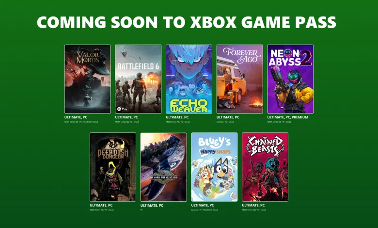 Green Xbox Game Pass announcement graphic showing Battlefield 6, Valor Mortis, and other upcoming games.