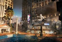 A resort courtyard with a swimming pool, palm trees, and the Olympus building in Battlefield 6.
