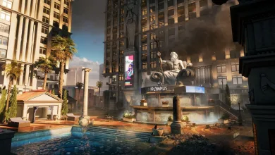 A resort courtyard with a swimming pool, palm trees, and the Olympus building in Battlefield 6.