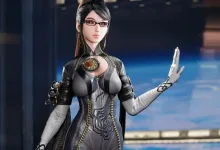 Bayonetta wears glasses and a black-and-silver outfit, raising one hand against a blue background.