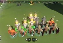 Robed magical units stand among armed soldiers in Becastled gameplay.