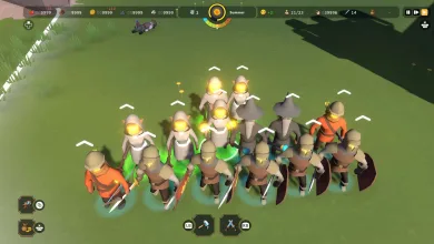 Robed magical units stand among armed soldiers in Becastled gameplay.
