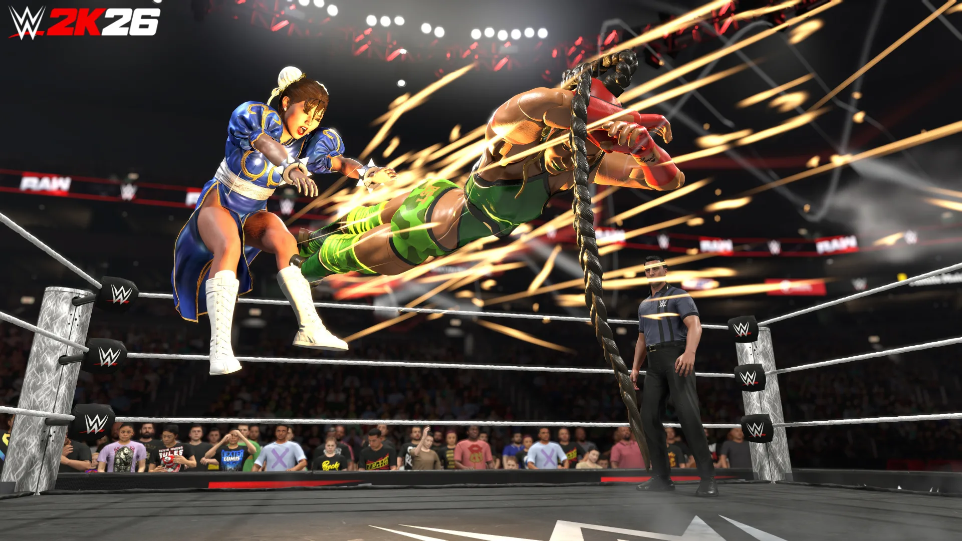 Bianca Belair as Cammy performing a flying attack against a blue-clad opponent