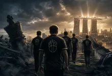Five esports players in black jerseys walk across rubble toward Singapore’s Marina Bay Sands skyline.