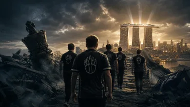 Five esports players in black jerseys walk across rubble toward Singapore’s Marina Bay Sands skyline.