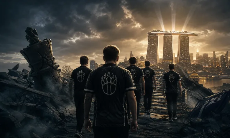 Five esports players in black jerseys walk across rubble toward Singapore’s Marina Bay Sands skyline.