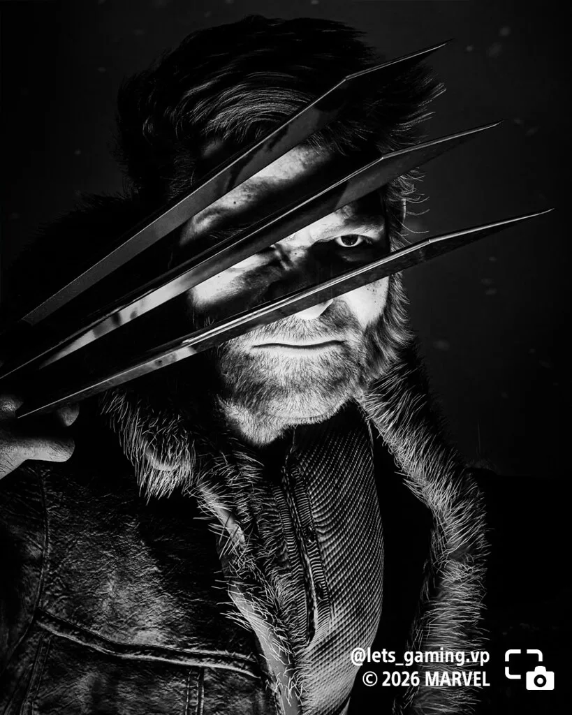 Black-and-white portrait of Logan looking through his claws