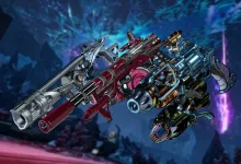 A cluster of futuristic Borderlands 4 firearms against a blue-purple game-world backdrop.