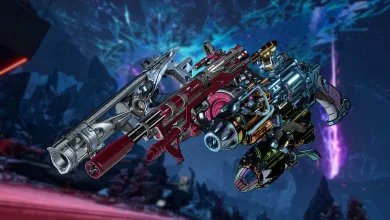 A cluster of futuristic Borderlands 4 firearms against a blue-purple game-world backdrop.