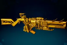 A gold-colored shotgun displayed against a dark blue background.