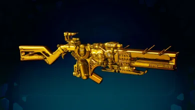 A gold-colored shotgun displayed against a dark blue background.