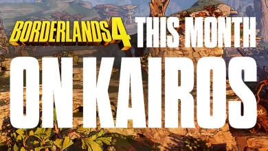 The Borderlands 4 logo appears over an illustrated rocky landscape for the Kairos monthly roundup.