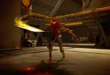 A masked enemy swings a glowing blade inside a Borderlands 4 facility.