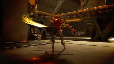 A masked enemy swings a glowing blade inside a Borderlands 4 facility.