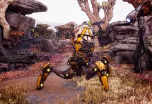 Sidney Pointylegs, a yellow mechanical enemy, stands in a Borderlands 4 environment
