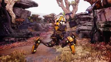Sidney Pointylegs, a yellow mechanical enemy, stands in a Borderlands 4 environment