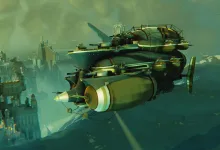The Behemoth craft flies past a fortified settlement in Bulwark: Falconeer Chronicles.
