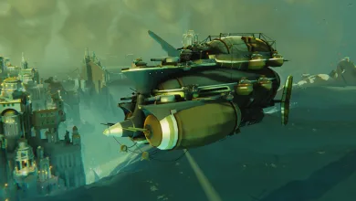 The Behemoth craft flies past a fortified settlement in Bulwark: Falconeer Chronicles.