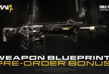 A black-and-gold rifle blueprint shown between Modern Warfare 4 and Call of Duty: Mobile logos.