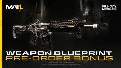 A black-and-gold rifle blueprint shown between Modern Warfare 4 and Call of Duty: Mobile logos.