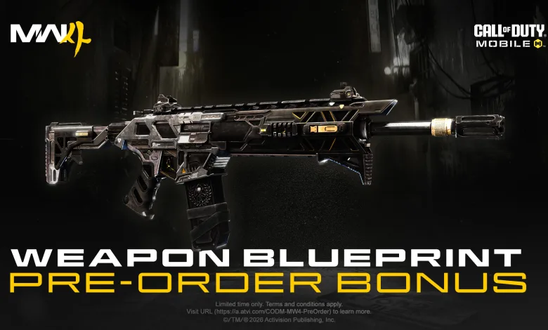 A black-and-gold rifle blueprint shown between Modern Warfare 4 and Call of Duty: Mobile logos.