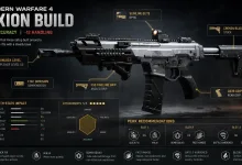 A gray Axion rifle with labeled build attachments, accuracy stats, and perk recommendations.