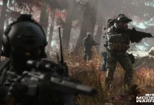 Armed soldiers move through a wooded area in Call of Duty: Modern Warfare 4.