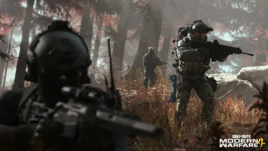 Armed soldiers move through a wooded area in Call of Duty: Modern Warfare 4.
